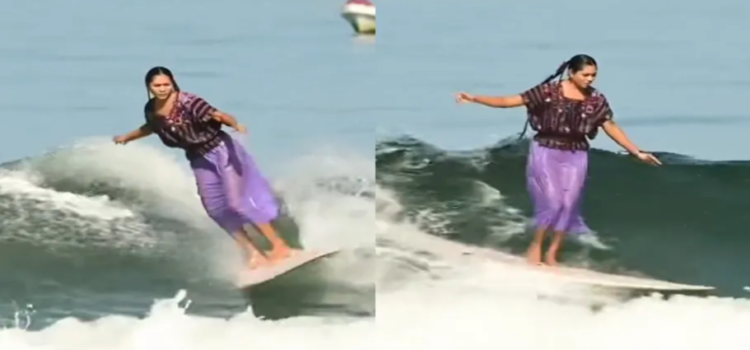 Surfista mexicana se viraliza en redes al ‘dominar’ olas con vestido huipil