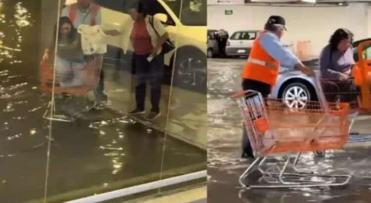 Para que no te mojes te llevan en “carrito de super” hasta tu automóvil