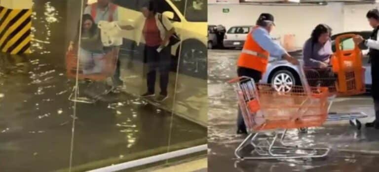 Para que no te mojes te llevan en “carrito de super” hasta tu automóvil